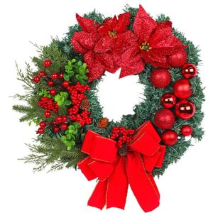 Artificial Christmas Wreath for Front Door, Christmas Door Decorations Wreaths, with Christmas Balls, Bow, Xmas Wreaths Decor Outdoor Christmas Wreaths (Red)