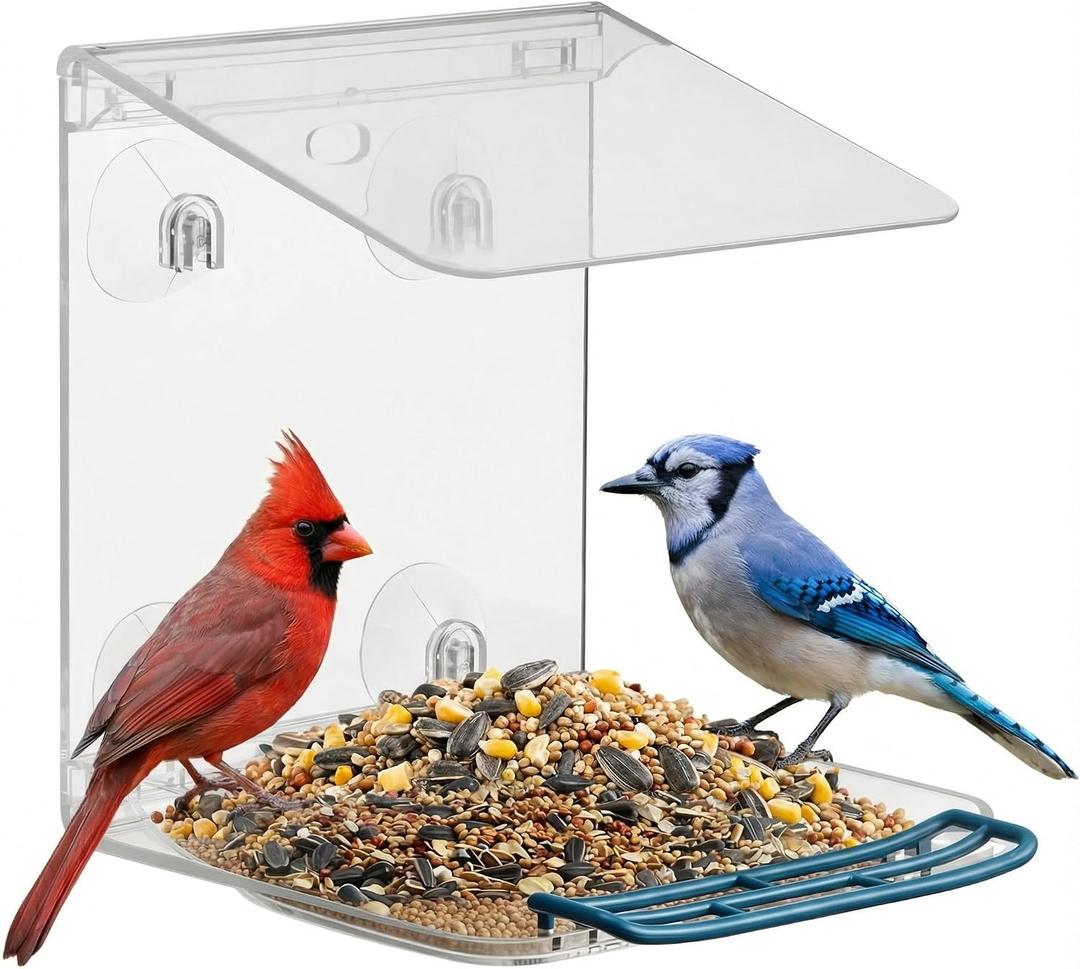 Window Bird Feeder for Outdoors with Strong Suction Cups,Sturdy and Durable Acrylic Birdfeeders for Viewing Wild Birds Outside,Mount On Window/Wall/Bird Pole Kit