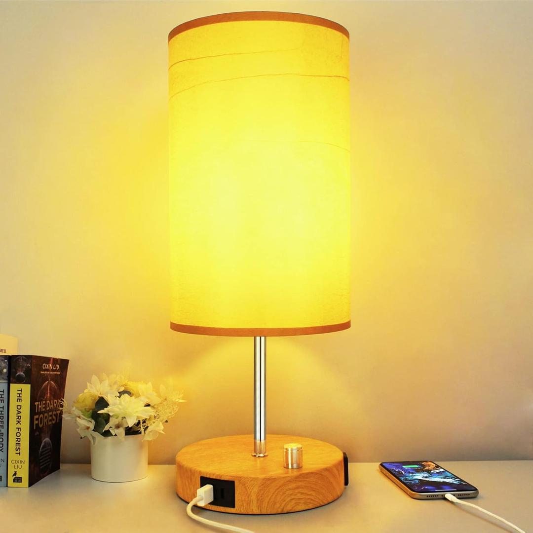 HiBay 17.75" Dimmable Bedside Table Lamp with Charging Station - 2 USB Ports & AC Outlet, Rustic Wood-Grain Nightstand Light with Parchment Shade for Bedroom Living Room Dorm, Bulb Included