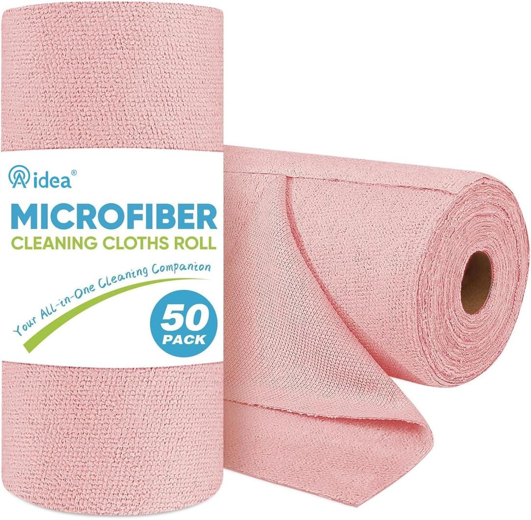 AIDEA Microfiber Cleaning Cloth Roll, 50PK, Tear Away Reusable Paper Towels Pink, Commercial Shop Rags, Microfiber Towels for Cars, Lint Free Cleaning Rags for House, Kitchen, Garage Shop, 11.5"11.5"