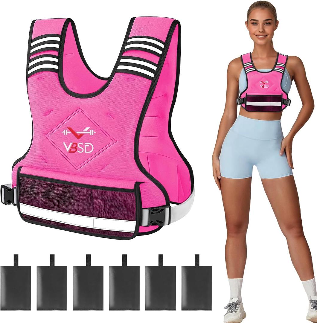 VBSD Adjustable Weighted Vest for Women Men 11-20LB Vest with 6 Ironsand Weights Body Weight Vest with Reflective Strip for Running Walking Strength Training Workouts Pink