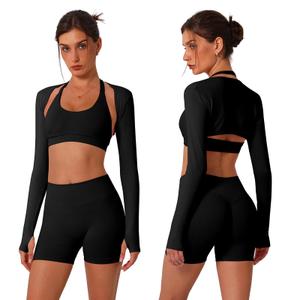ABOCIW 2 Piece Workout Sets for Women Seamless Halter Sports Bra High Waist Biker Shorts Long Sleeve Bolero with Thumb Hole (M)
