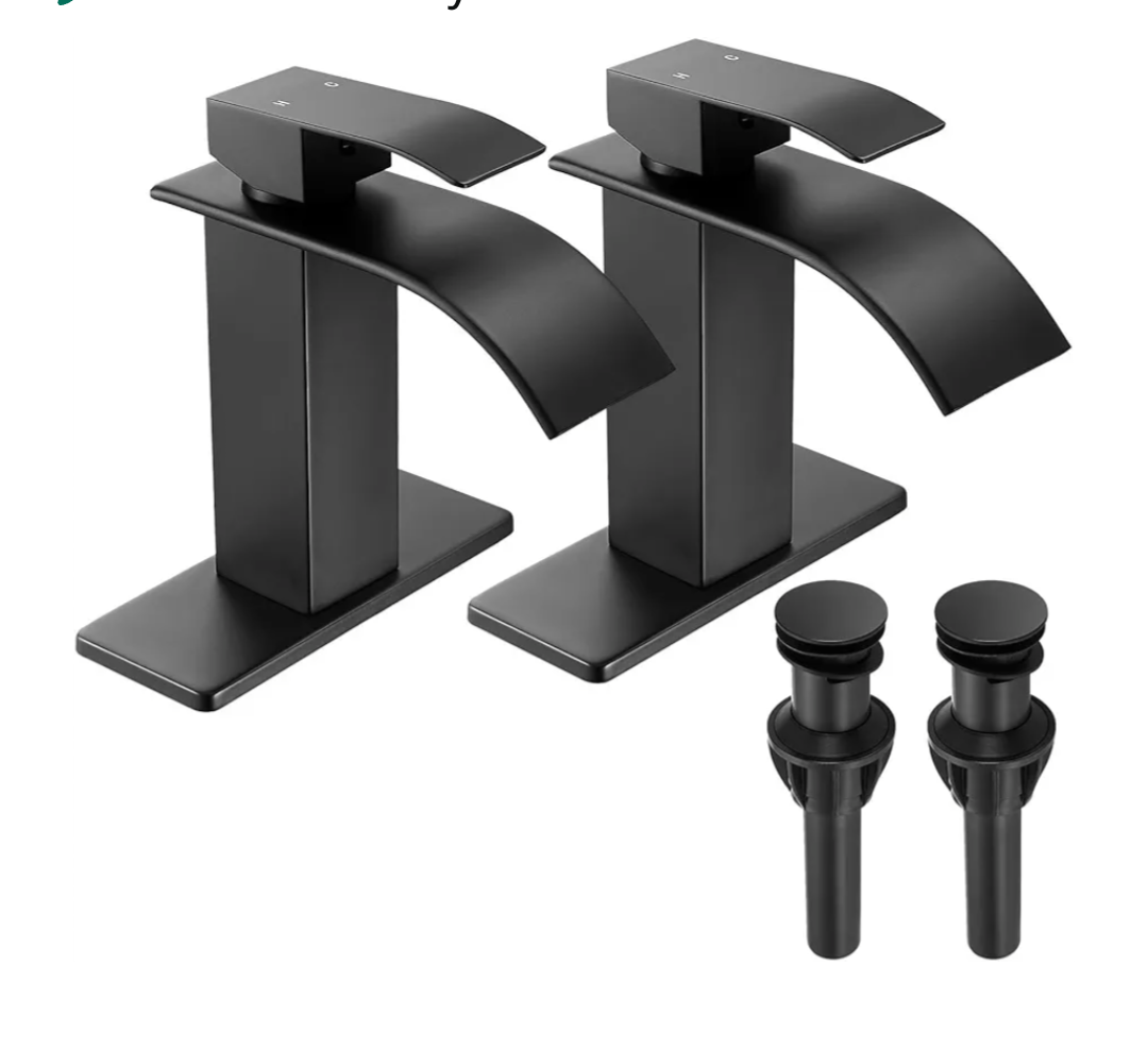 FRANSITON Black Waterfall Bathroom Faucet Lavatory Single Handle 1 or 3 Hole Bathroom Sink Faucet Washbasin Faucet with Deck and Pop-up Drain (Matte Black- Set of 2, Short)