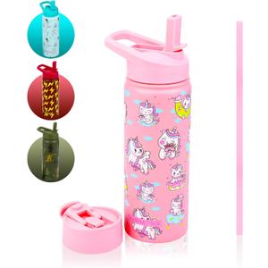 FAHRMOSIS 18 OZ Kids Water Bottle with Straw & 2 Lids (Flip & Spout) Leak Proof Metal Insulated Stainless Steel Reusable Tumbler for School & Sports Water Bottle - Pink (Unicorn)
