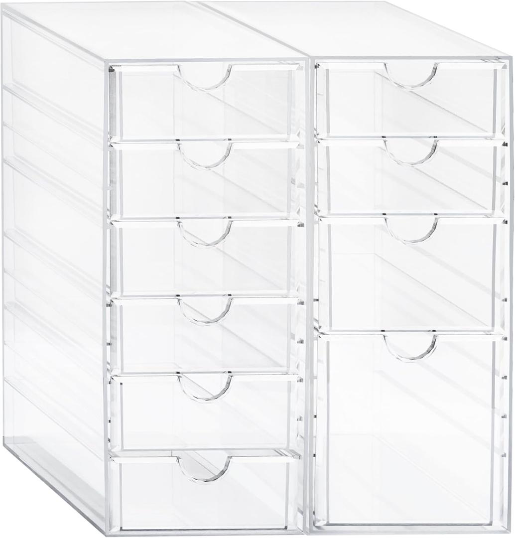 Prsildan Acrylic Drawer Makeup Organizer with 10 Drawers, Set of 2 Office Desk Organizers Accessories, Clear Stackable Storage Drawers for Vanity, Countertop, Craft, Jewelry, Art Supply Organization