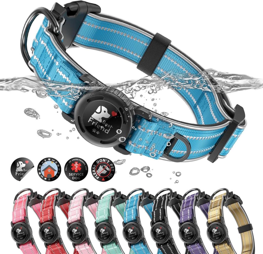 Upgrade Airtag Dog Collar,with IPX8 Waterproof AirTag Holder Reflective Ultra-Durable Soft Padded Lock Buckle Heavy Duty Blue L(17"23")