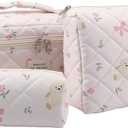 3PCS Coquette Makeup Bag,Quilted Cosmetic Bag Large Make Up Bag Set,Quilted Portable Toiletry Organizer Bag,Cotton Travel Skincare Bag for Women Girls (05-Pink Rabbit)