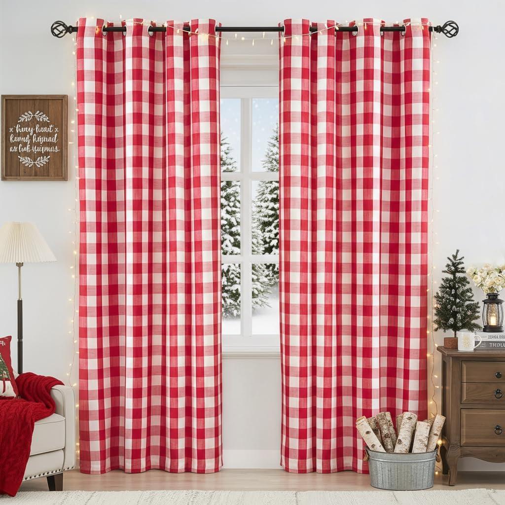 Jubilantex Red and Whitec Buffalo Check Semi Sheer Curtain Panels Gingham Curtains Farmhouse Style Grommet Top Window Drapes for Holiday Living Room Bedroom 52"x84",2 Panels