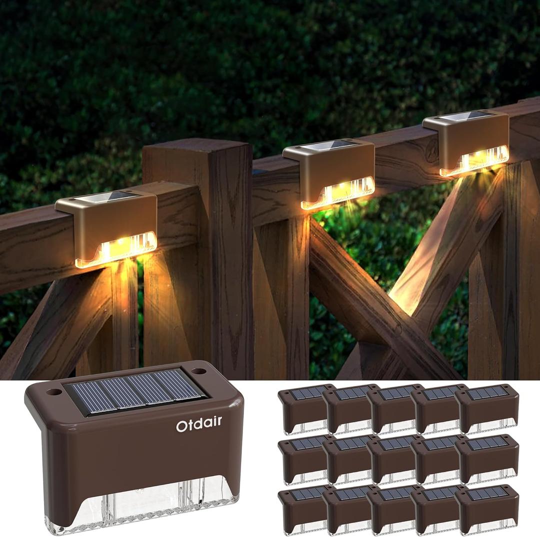 Otdair Solar Deck Lights - 16 Waterproof LED Step Lights for Deck, Stairs, Yard, Patio, and Pathway (Warm White) (Brown-Warm)