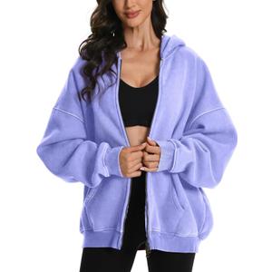 FAIABLE Womens Mens Zip Up Hoodie Oversized Acid Wash Hoodies Heavyweight Distress Cotton Fleece Zipper Hoodie Vintage (Purple, M)