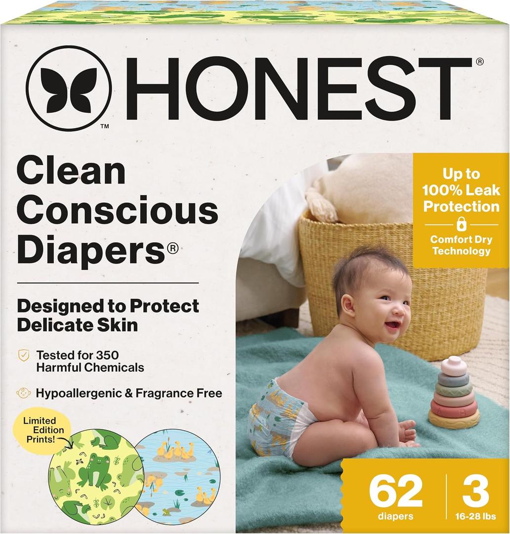 The Honest Company Diapers, Hypoallergenic, UR Ribbiting, Size 3, 62 Count