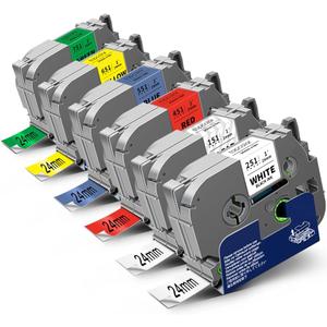 6-Pack 24mm 0.94" Laminated Tape Compatible for Brother 24mm Label Tape Tze-151 251 451 551 651 751 P Touch Tze Tz 1 Inch Multi-Color Label for PTD610BT PTD600 PTP710BT PTP750W PTP910BT (Black on Clear/White/Red/Blue/Yellow/Green)