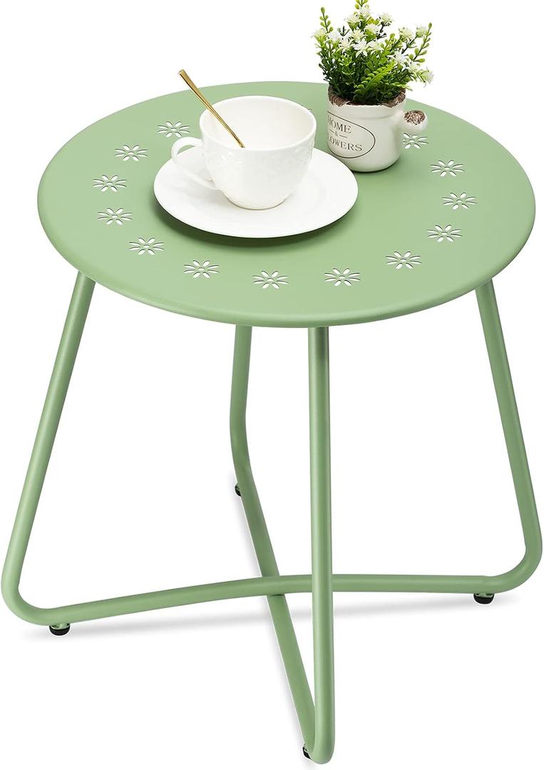 danpinera Outdoor Side Tables with Flower Cut Outs, Weather Resistant Steel Patio Side Table, Small Round Outdoor End Table Metal Side Table for Patio Yard Balcony Garden Green