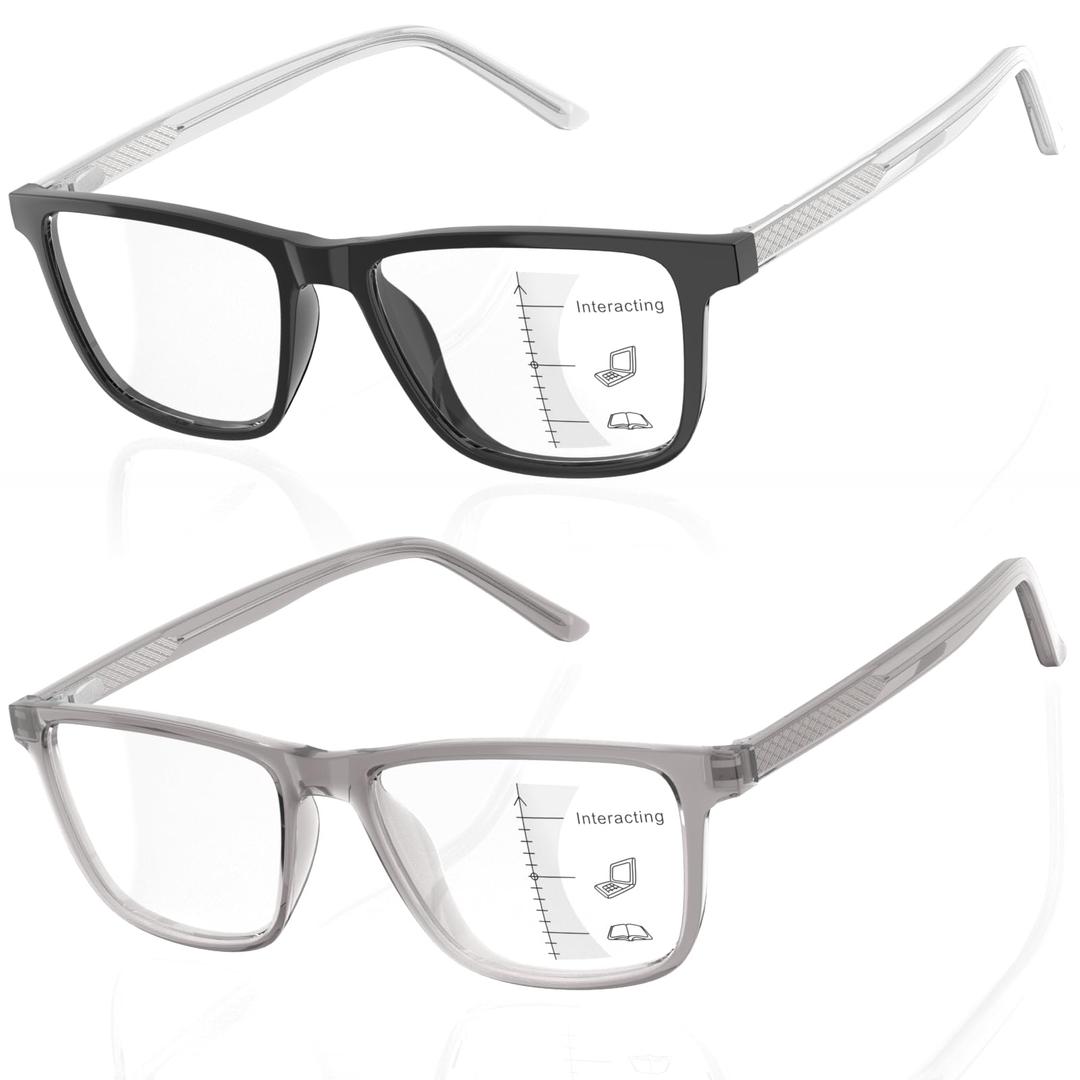 JO Progressive Multifocus Reading Glasses 2 Pack Reader with Metal Core Wire Acetate Frame for Near Workspace (Black/Grey, 3, x)