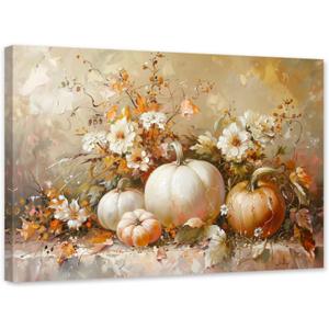 ARTZGX White Pumpkin Wall Art Autumn Canvas Fall Harvest Theme Pictures Fall Leaf Painting for Thanksgiving Wall Decor Frame(Brown 24.00" x 36.00")