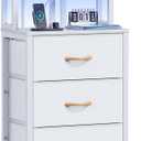 Furnulem Tall Night Stand, 52.1 Inch LED Nightstand with Charging Station and USB Ports, 4 PVC Fabric Drawers and 4 Tier Storage Shelf, Bedside Table for Bedroom, Dorm, Office (White)