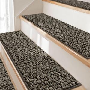 JSEI Stair Treads for Wooden Steps, 14 Pack 9" X 28" Non-Slip Machine Washable Carpet Stair Treads with TPE Backing, Soft Indoor Stair Rug Runner for Kids Elders & Pets, 100% Polyester, Greyish Brown