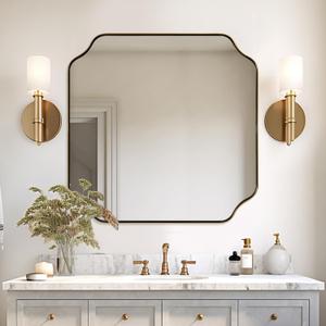 ANDY STAR Square Gold Vanity Mirrors, 24"x24" Brushed Brass Scalloped Bathroom Mirror, Antique Wall Mirror with Anti-Rust Stainless Steel Frame, Rounded Notched Corner Design Ideal for Home Deocr