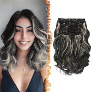 BARSDAR Wavy Clip-in Hair Extensions - 12 Inch Highlight - 6PCs Thick Soft Synthetic Clip-in Hairpieces Daily Party Halloween - Black with Blonde
