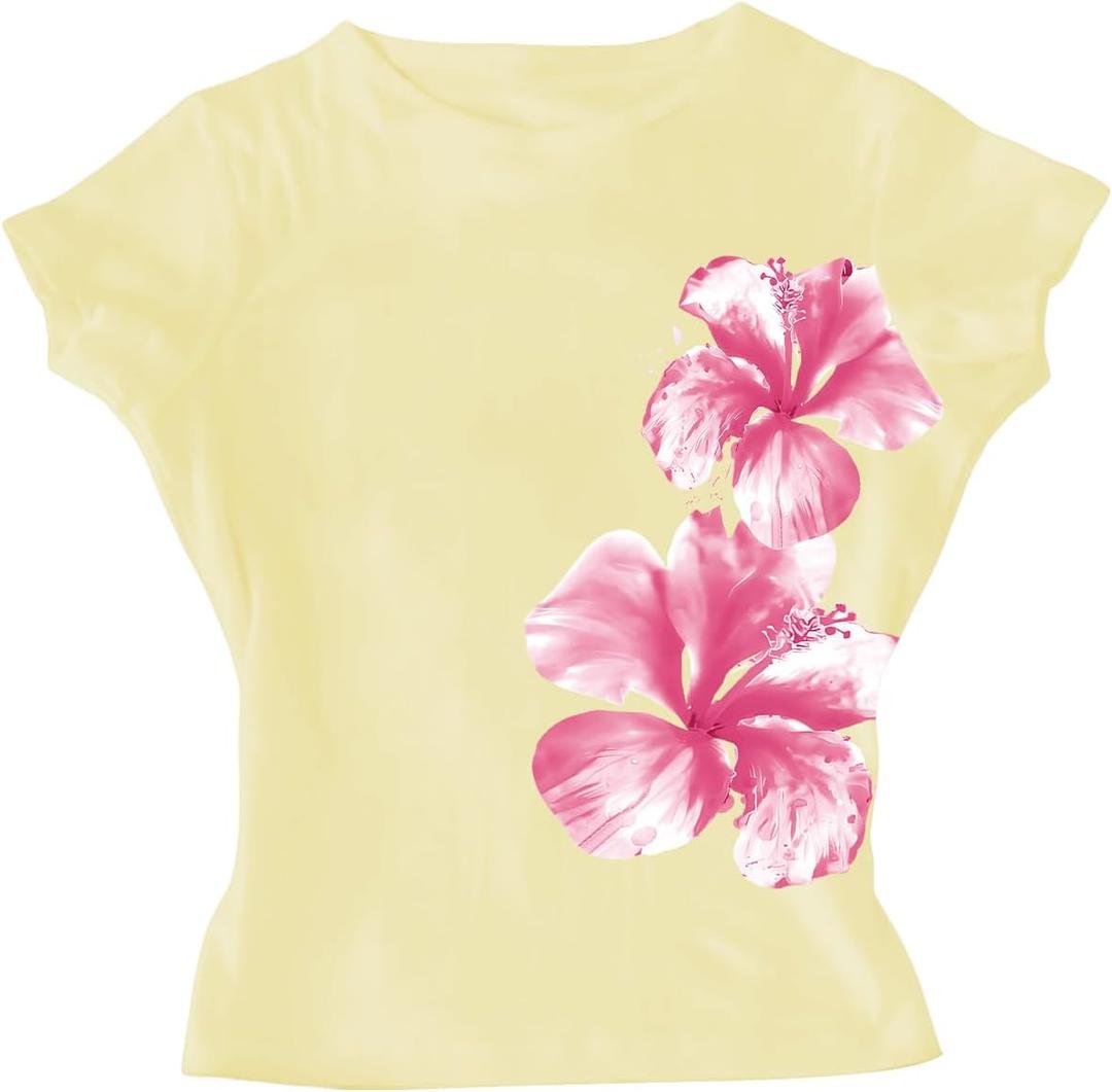 RoseSeek Girl's Floral Graphic Crop Tops Tees Short Sleeve Crewneck Cute Slim Fit T Shirt Summer Tops (Yellow)