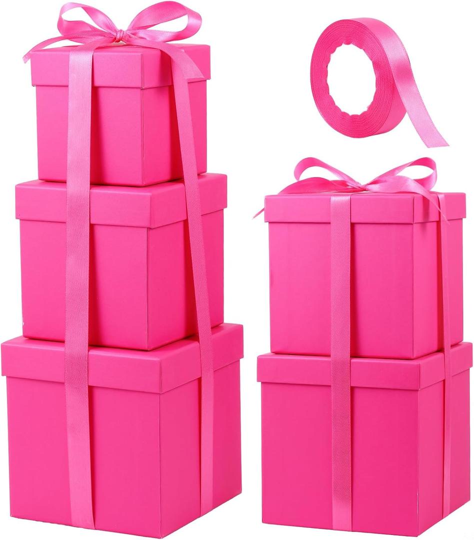 Cholemy 5 Pcs Square Nesting Boxes Decorative Gift Boxes with Lid and Ribbon Assorted Sizes Wrap for Valentines Day, Engagement, Anniversary, Birthday, Bridal Shower Party Gifts(Hot Pink)