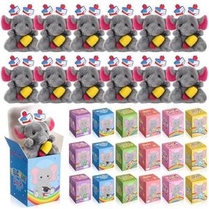 Blueweenly 24 Pcs Welcome Back to School Gifts for Students Mini Stuffed Animal Keychains Bulk Little Plush Toys with Box for First Day of School Classroom Party Gift for Goodie Bag Fillers(Elephant)