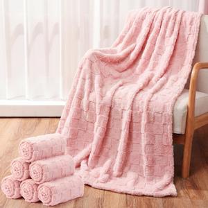 Buryeah 6 Pack Fleece Throw Blankets Bulk, 50 x 60 Inches Soft 3D Checkered Flannel Blankets Warm Sleepover for Couch Sofa Bed (Pink)