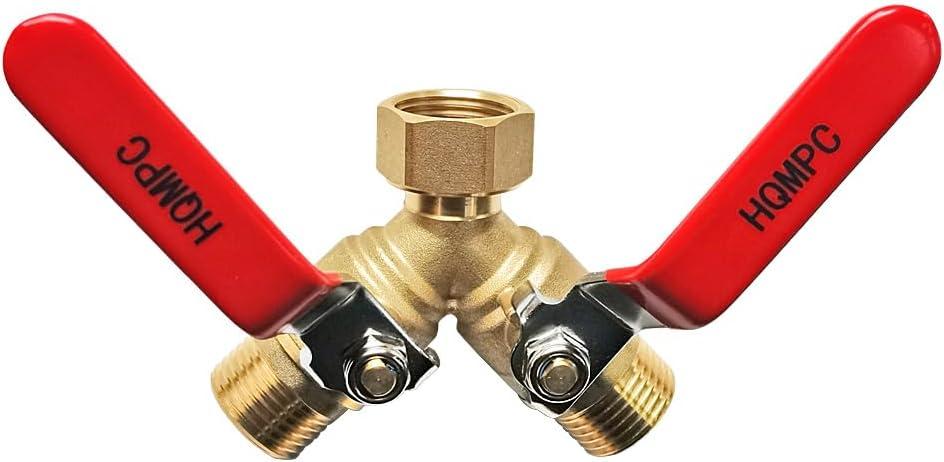 HQMPC Garden Hose Y Valve Splitter With Stainless Steel Long Handle - Brass 2 Way Water Adapter, 3/4" GHT Thread