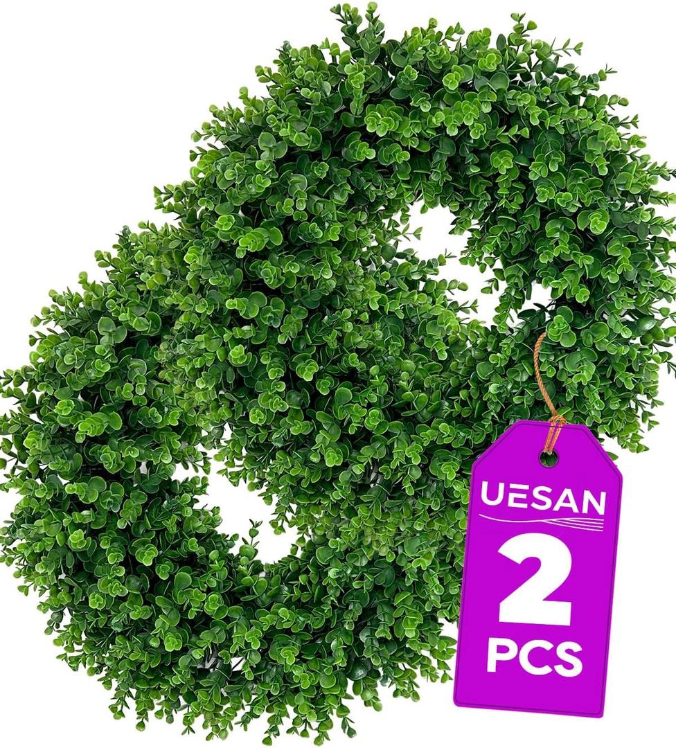 2Pcs 24" Artificial Boxwood Wreaths for Front Door, Aux Round Boxwood Wreath, All Season Indoor Outdoor Decoration for Windows, Porch, Wall, Wedding & Home Decor