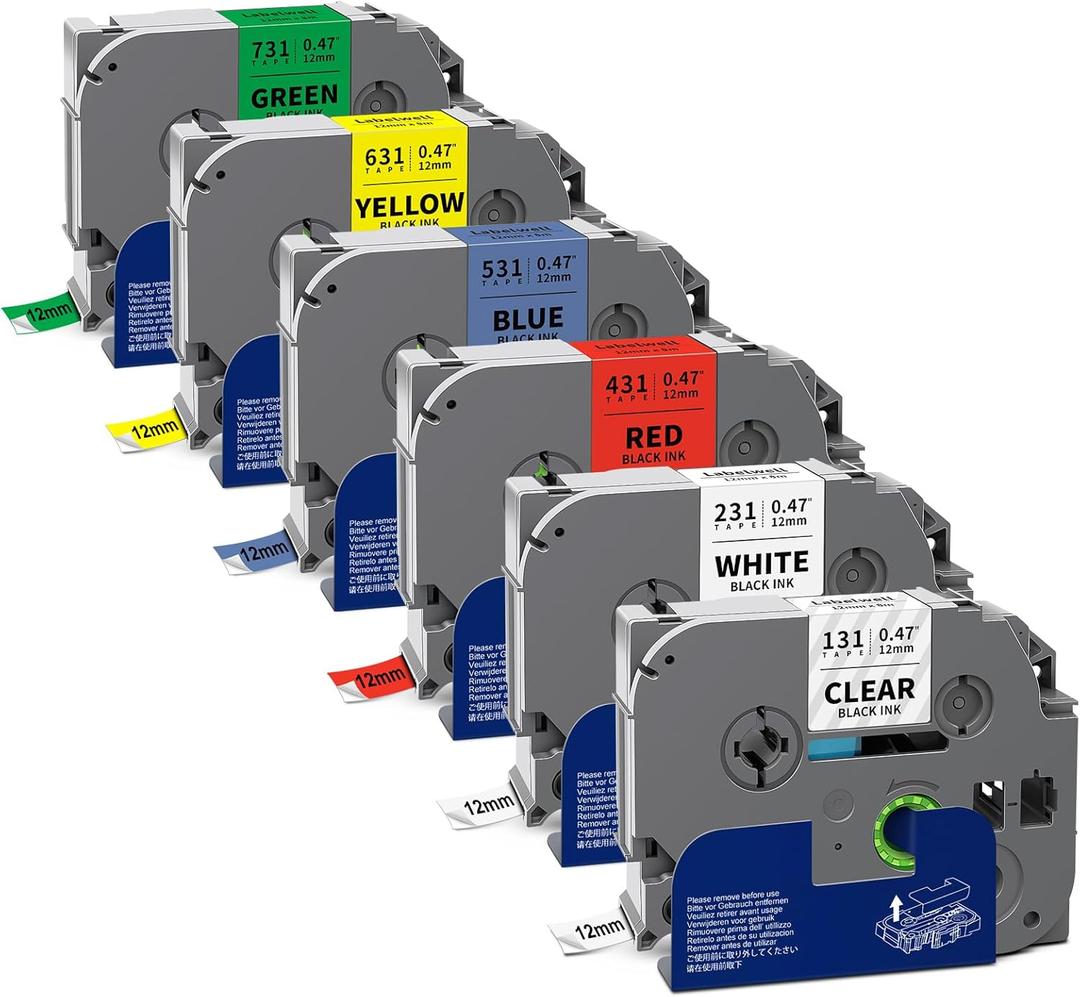 Labelwell 6-Pack TZe 12mm 0.47 Laminated Multi Color Compatible for P Touch Label Tape TZ TZe-231 131 431 531 631 for PTouch PT-H110 D210 D220 PT-H103W, Clear/White/Red/Blue/Yellow/Green