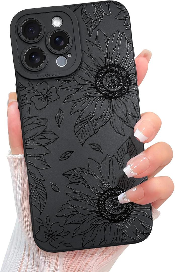 KANGHAR for iPhone 16 Pro Case Cute Sunflowers Bloom Design with Floral Pattern, Slim Fit Soft TPU Shockproof Protective Cover for Women Girls - Black Flowers