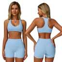 ABOCIW Workout Sets for Women V Neck Racerback Sports Bra High Waist Biker Shorts 2 Piece Gym Yoga Pilates Outfits Sky Blue Small