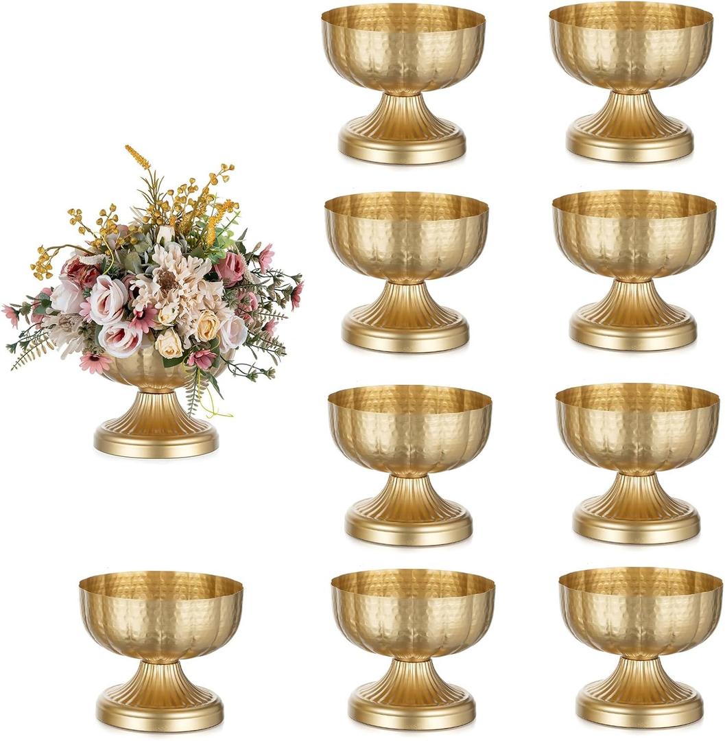 NUPTIO Gold Vases for Centerpieces Wedding: Hammered Brass Compote Vases for Small Flowers Arrangements - Metal Pedestal Bowl for Table Home Decor Set of 10