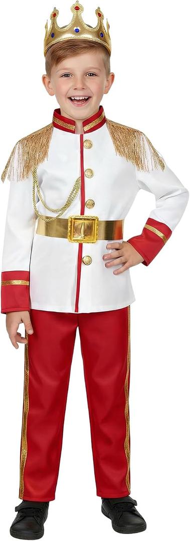 Boys Prince Charming Costume Kids Royal Prince Dress Up for Cosplay Fairytale Ball Halloween Birthday Party Outfit, White, 7-8 Years