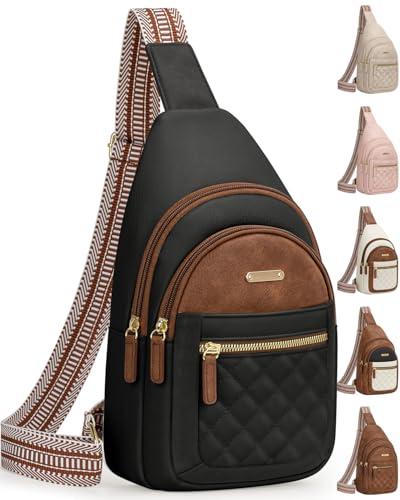 Capolo Crossbody Bag for Women, Adjustable Leather Chest Sling Bag with Multi-Compartment for Daily Use, Travel, Gift, Black With Brown