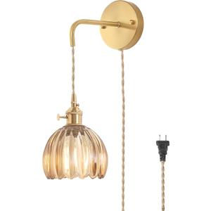 Vintage Wall Sconce Wall Lamp with Amber Tulip Glass Shade Hanging Wall Sconce with 4.9FT Plug in Cord, Modern Wall Lamp Fixtures Decor for Bedside Bedroom Indoor Doorway