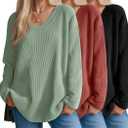 3 Pack Women's Oversized Waffle Knit Shirts, V Neck Long Sleeve Top Fall Casual Sweatshirt for Women (Black, Watermelon Red, Gray Green, X-Large)