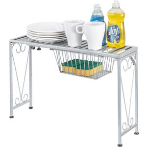 MyGift Silver Metal Over The Sink Organizer Shelf with Pull Out Drawer, Expandable Kitchen Caddy Rack, Bathroom Storage Shelf Riser with Scrollwork Design