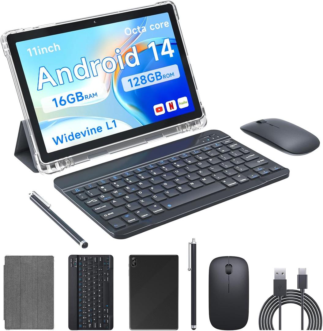 Tablet 11" Android 14.0 with Grey Case, RAM 16GB (4GB+12GB Expansion)+128GB ROM, 5G Wi-Fi, 8000 mAh, 5MP front/13MP Back Camera, Octa Core T606 1.6GHZ (P12 kit (Case+Mouse+Keyboard+Stylus)