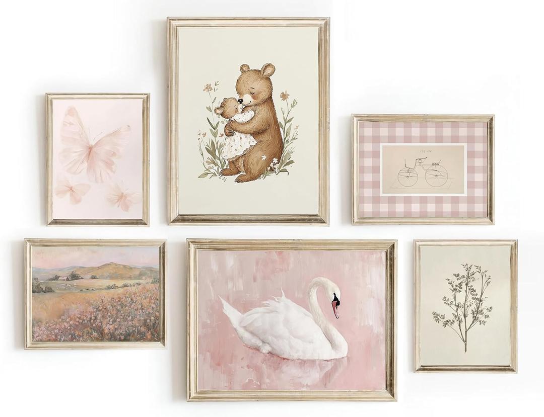 Vintage Nursery Wall Art Pink Baby Girl Room Decor Floral Bear Swan Canvas Prints Animals Plant Artwork Country Posters for Kids Room Bedroom 8x10x4 12x16x2 lnch Unframed (10L''x8W''poster)