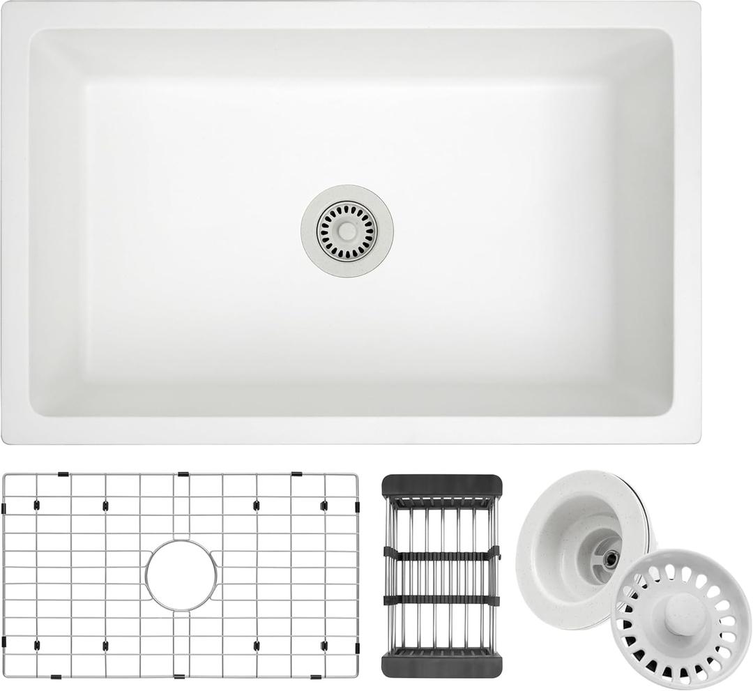30 Inch Undermount Kitchen Sink, 30" x 19" x 9" White Kitchen Sink, 30 x 19 Large and Deep Granite Composite Single Bowl Kitchens Sinks With Accessories