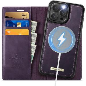 Wallet Case for iPhone 14 Pro Max Compatible with Magsafe, 2-IN-1 PU Leather Flip RFID Blocking Card Holder Stand Shockproof Magnetic Detachable Cover for iPhone 14 Pro Max 6.7", Retro Purple