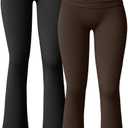 OQQ Women's 2 Piece Flared Pants Ribbed Fold Over Kick Ruched Stretch High Waist Casual Wide Leg (Large, Black, Dark Brown)