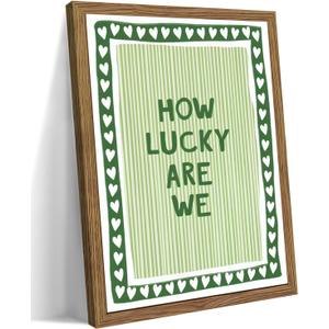 How Lucky Are We Wall Art, Vintage Green Inspirational Canvas Wall Decor Painting, Trendy Preppy Stripe Quotes Posters Prints Pictures for Bedroom Dorm Apartment Decor 16x24 Inch Framed