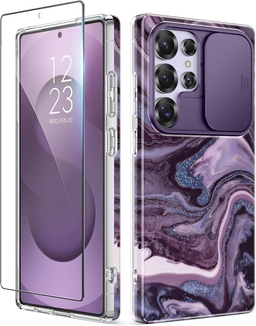 GVIEWIN for Samsung Galaxy S25 Ultra Case with Slide Camera Cover, [Screen Protector] [Shockproof Military Grade Drop Protection] Marble Slim Fit Hard PC Phone Cover S25 Ultra 6.9" 2025 (Quicksand, Purple)