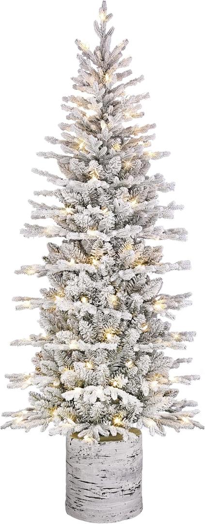 Puleo International 6ft Pre-Lit Potted Flocked Arctic Fir Pencil Christmas Tree with 120 Warm White Lights, 1325 Realistic Dense Snow Flocked Branch Tips, Easy Setup Artificial Trees with Sturdy Stand