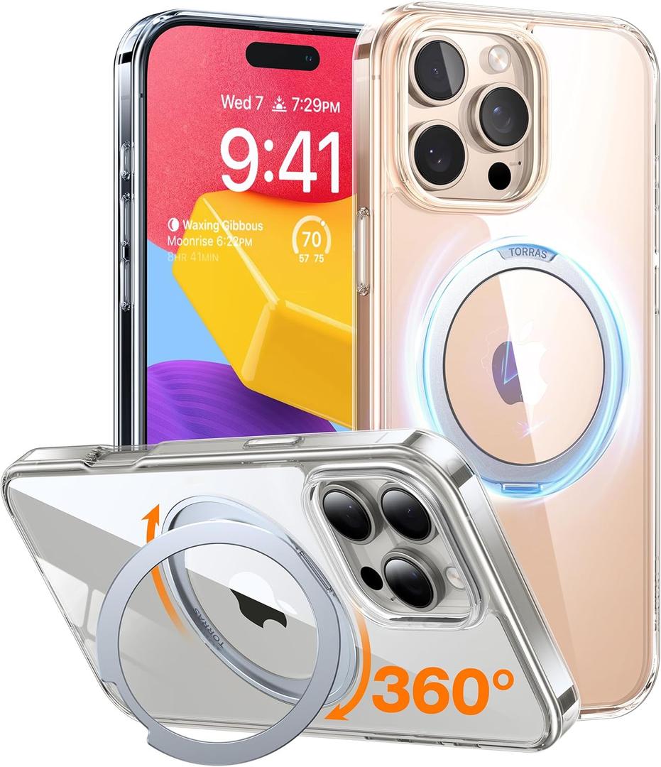 TORRAS 360Rotatable Magnetic for iPhone 16 Pro Case 6.3 inch, Fit for MagSafe 16 Pro Phone Case, 16FT Military Grade Shockproof, Flush Stand Ring, Translucent Slim Protective Ostand, Clear