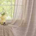 Taupe Linen Textured Embroidered Curtains for Living Room 63 Inch Length 2 Panels Set with Pom Pom Farmhouse Semi Sheer Light Filtering Rod Pocket Drapes for Dining Patio Door，52" W x 63" L
