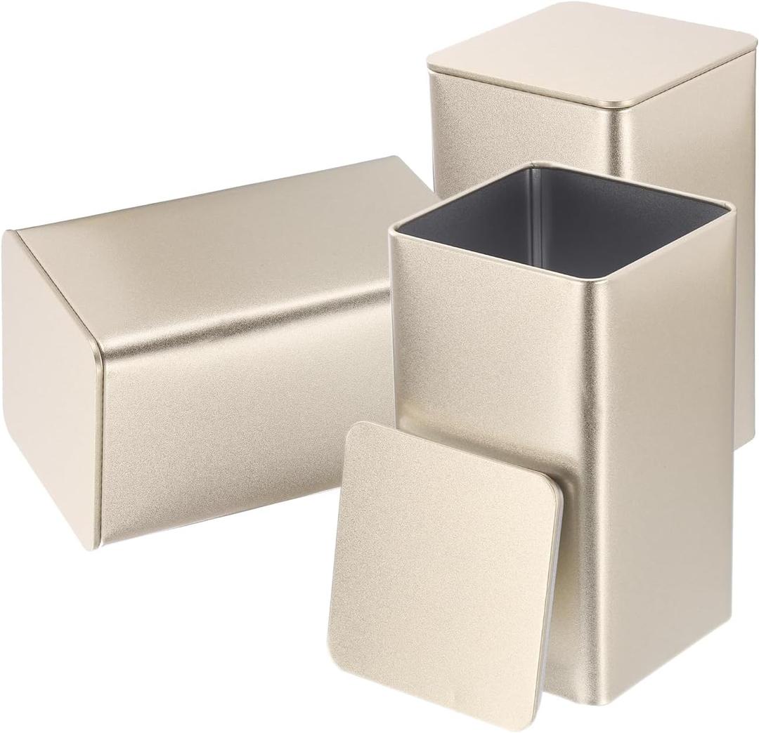 Uxcell 3pcs Square Tin Can, 150mm Metal Empty Storage Container Organizer Candle Jar with Lid for Treats Gifts Favors Loose Tea Coffee Crafts Cookies, Gold