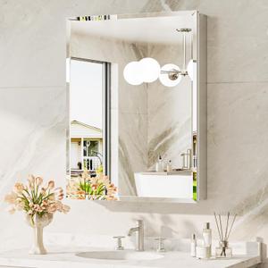 TokeShimi 24 x 32 Mirrored Medicine Cabinet, Assembly Required, Silver Medicine Cabinet for Bathroom, Tempered Beveled Mirror, Stepless Adjustable Shelves, Recessed/Wall Mounted
